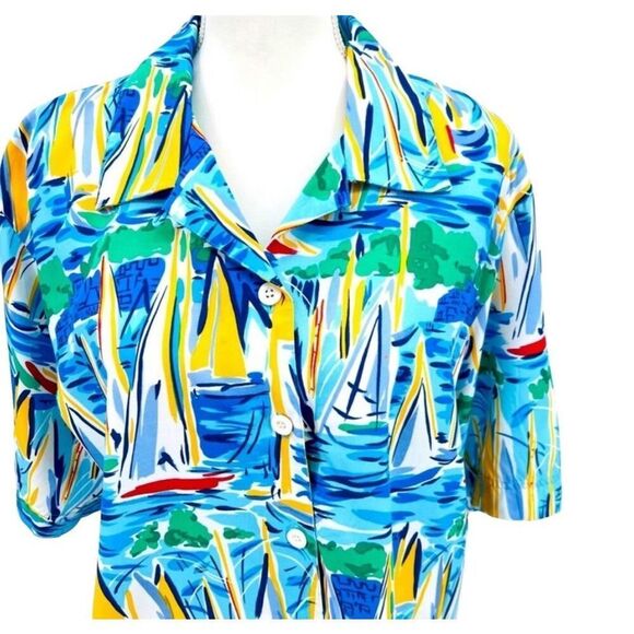 Vintage Liz Claiborne Blouse Top Sailboat Print Blue White Size L - Picture 3 of 6